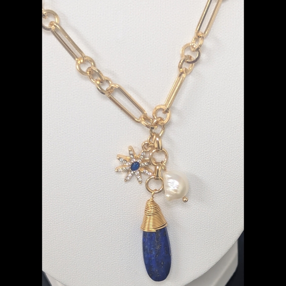Blue Lapis Lazuli Pendant Necklace Gold Paperclip Chain Pearl & Starburst Accent - Picture 2 of 8